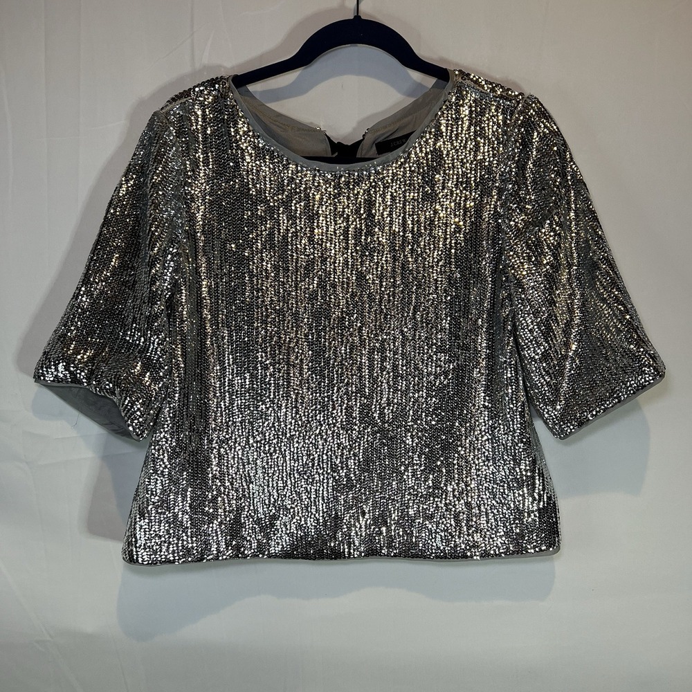 Sz 4 J. Crew Allover Sequin Sparkle Embellished Cropped Bow Tie Blouse Shirt Top
